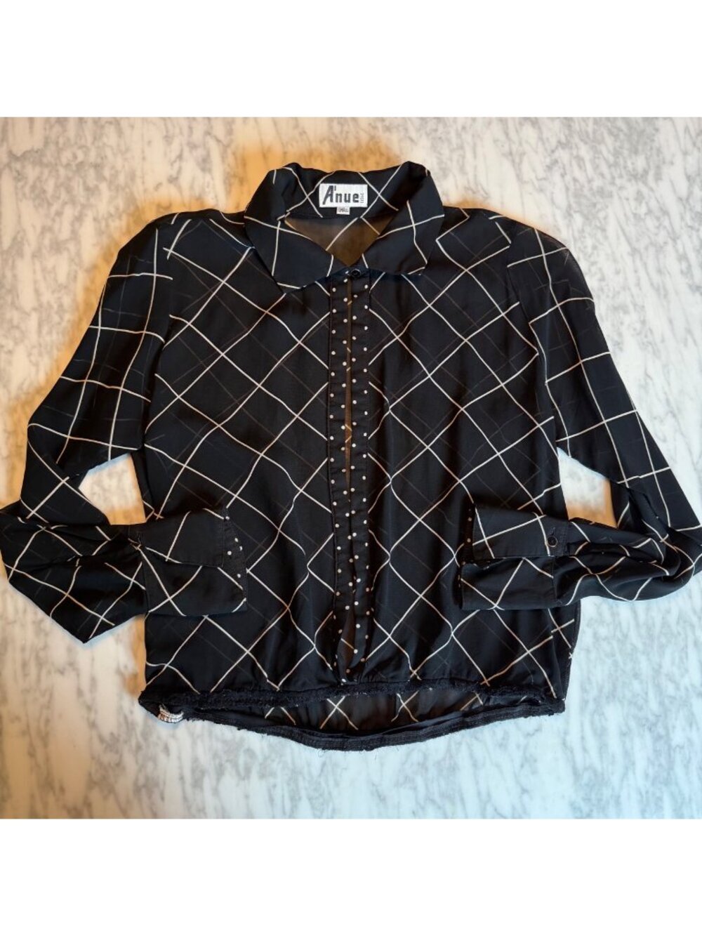 Vintage A'nue Ligne 90's Sheer Black Blouse With White Plaid & Polka Dot Accents